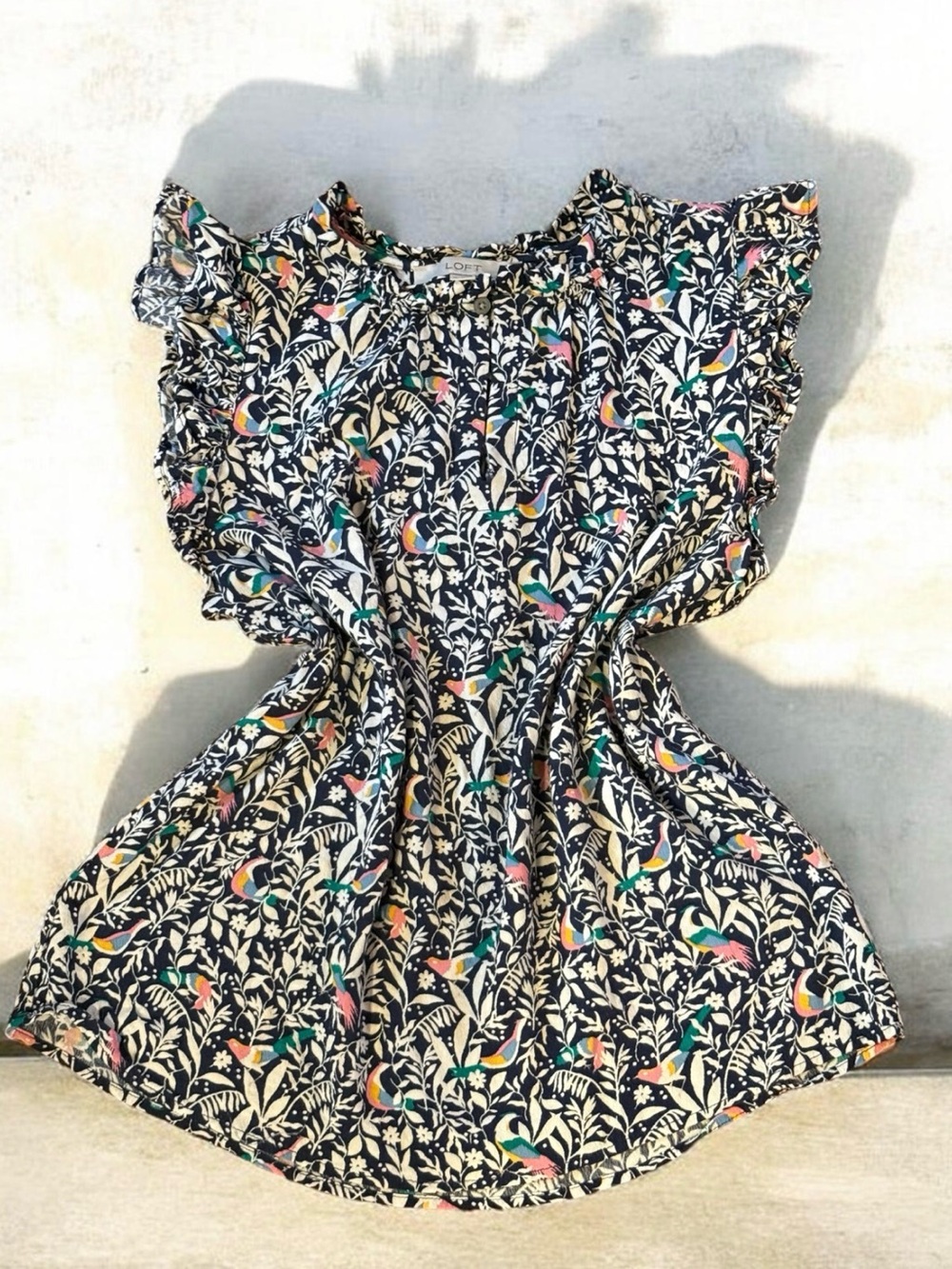 LOFT gorgeous Bird & Navy Floral Print Ruffle Sleeve Top